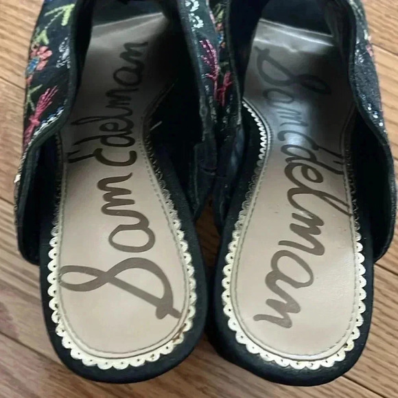 [8.5]Sam Edelman Suede Open Toe Mules Black Embroidered Bohemian High Block Heel - Picture 6 of 8